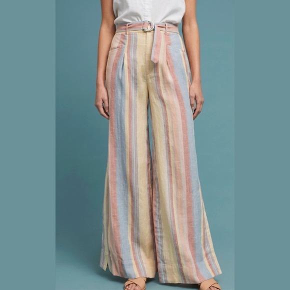 Anthropologie Pants - Anthropologie Womens Size 6 Pants Wide Leg Linen Blend Striped High Rise Coastal